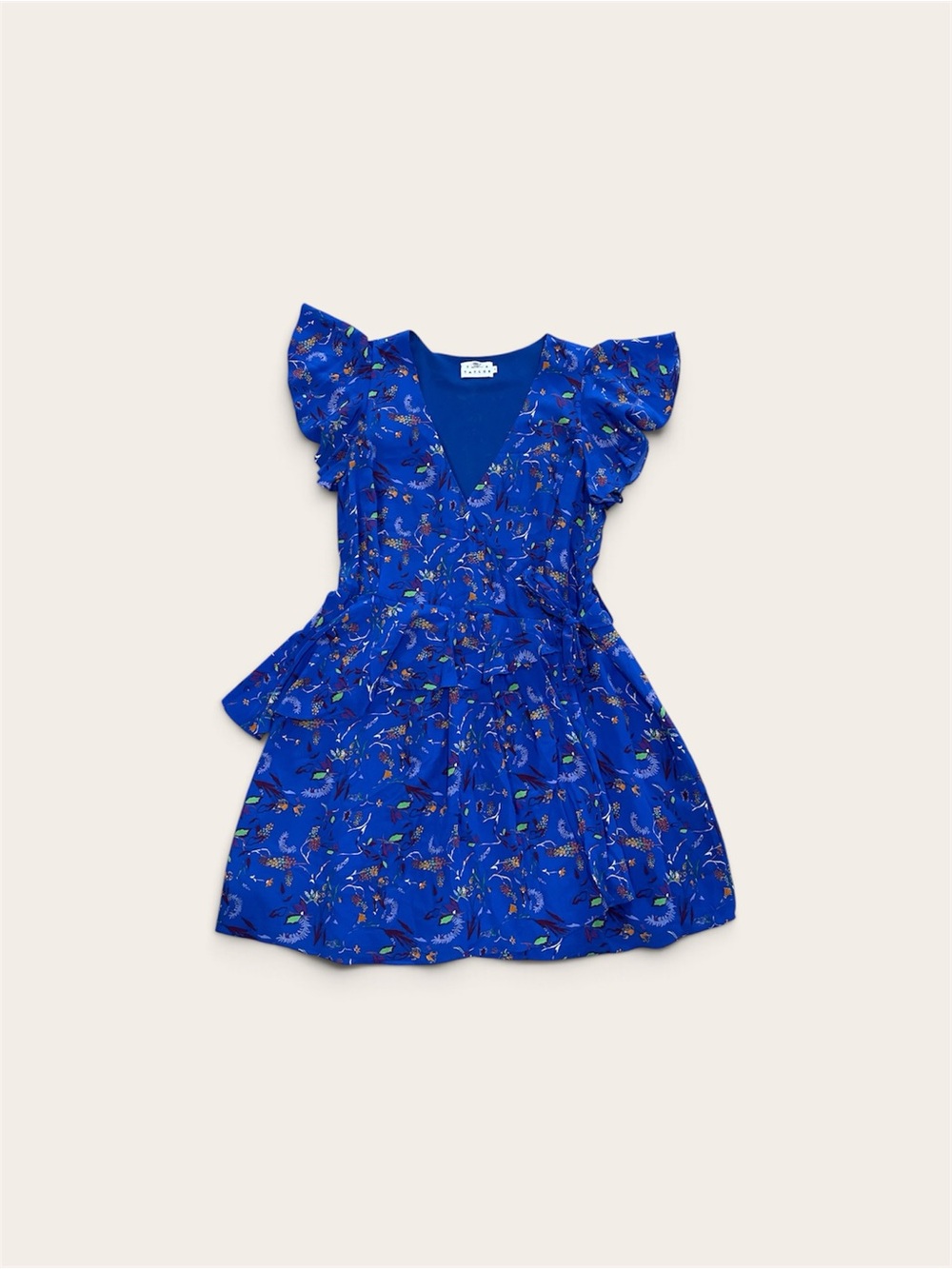 Tanya Taylor Bright Blue Floral Ruffle Wrap Dress